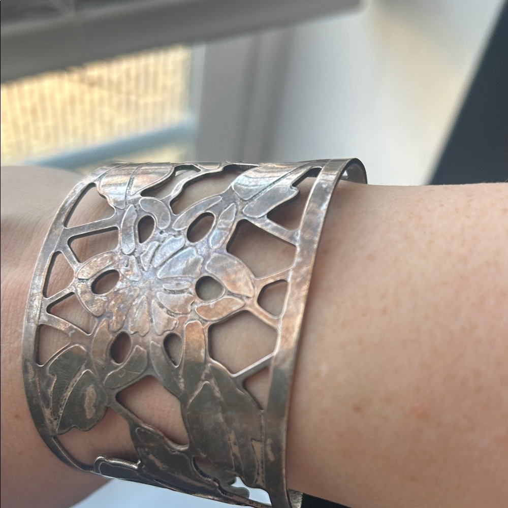 Silver Floral Cutout Cuff Bracelet - Picture 8 of 11